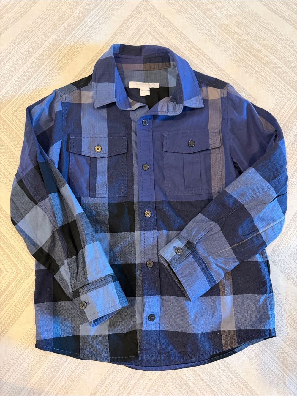 Burberry Children 6Y Blue Herringbone Plaid Button Down Shirt Roll Tab Sleeves